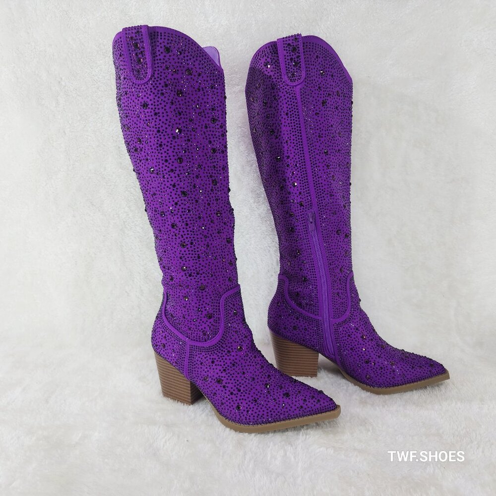 Purple Rhinestone Disco Cowgirl Knee High Boots
